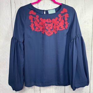 Skies Are Blue Womens Navy Balloon Sleeve Top Blouse Floral Red Embroidery Boho